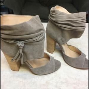 Kristen Cavaleri Grey Suede Fringe Knot Heels